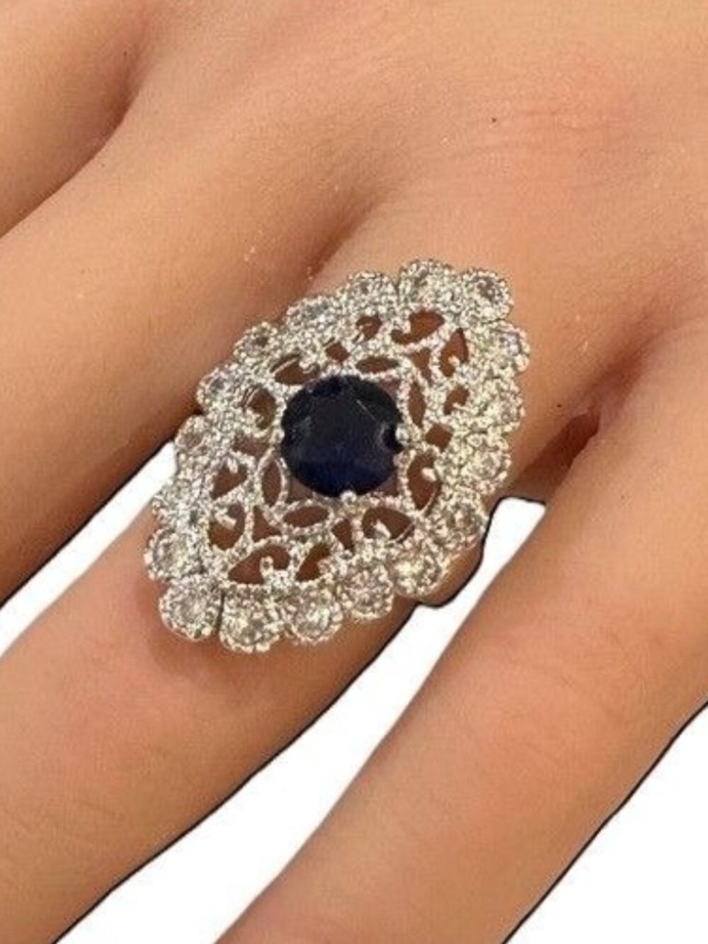Vintage Ring Signed Thailand Filigree Style Silver Tone Blue Center Size 6 Women